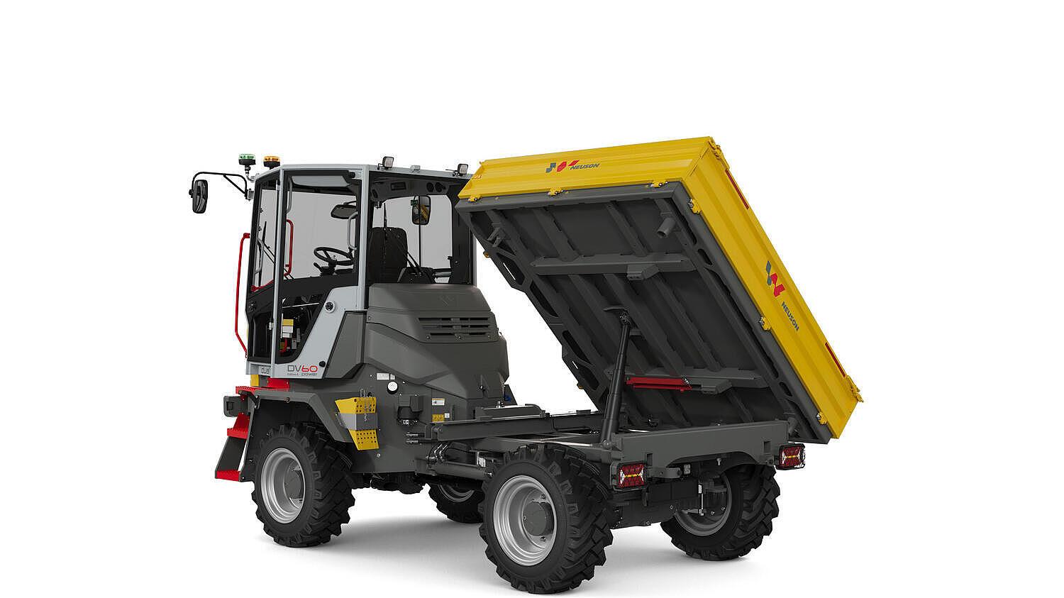 The Dual View dumper DV60 from Wacker Neuson can be changed using the skip switching system from the depicted three-sided tip-platform with fold-down and removable side walls on the established swivel tip skip.