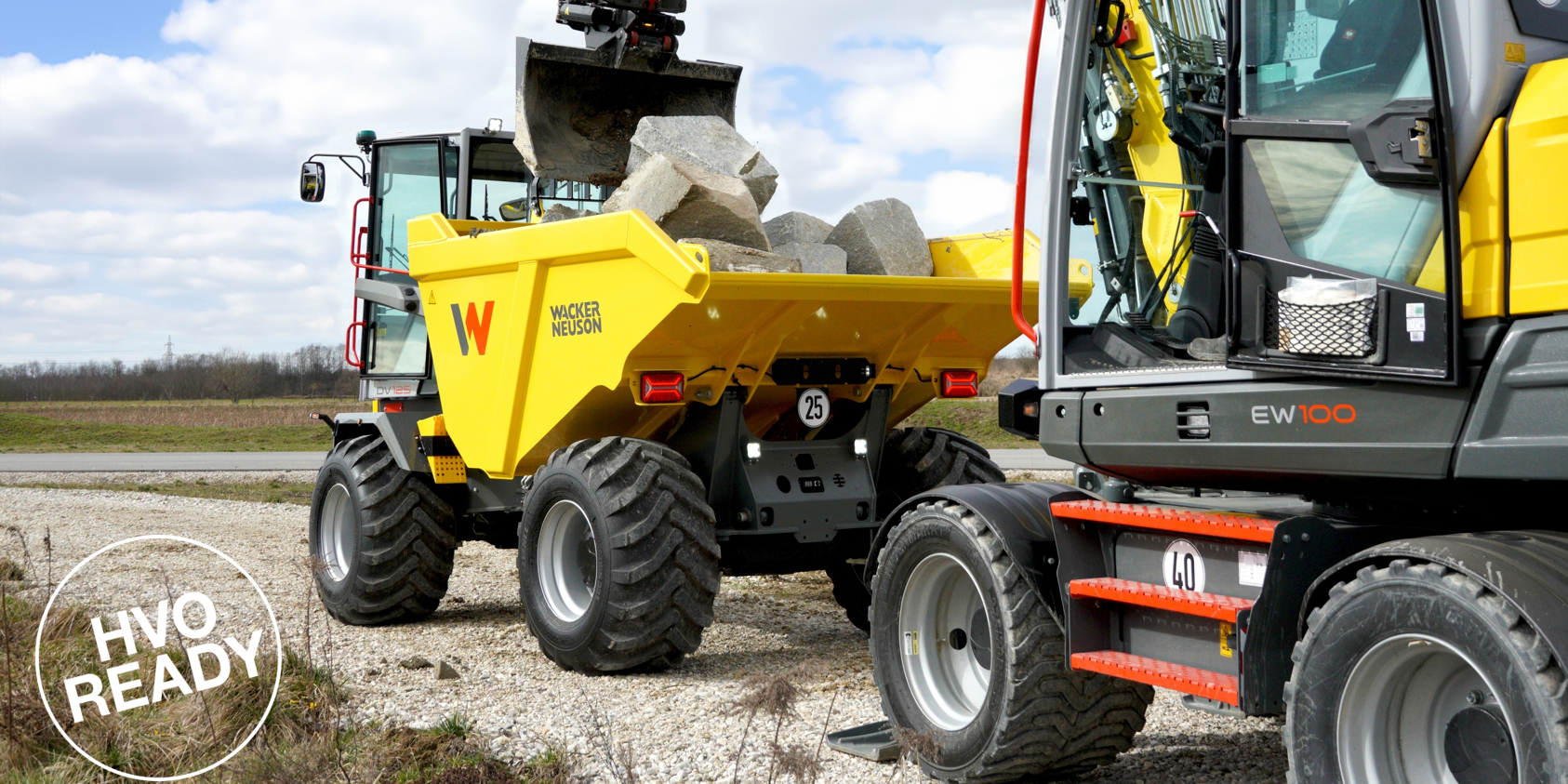 Uma escavadora e um camião basculante da Wacker Neuson a trabalhar em conjunto